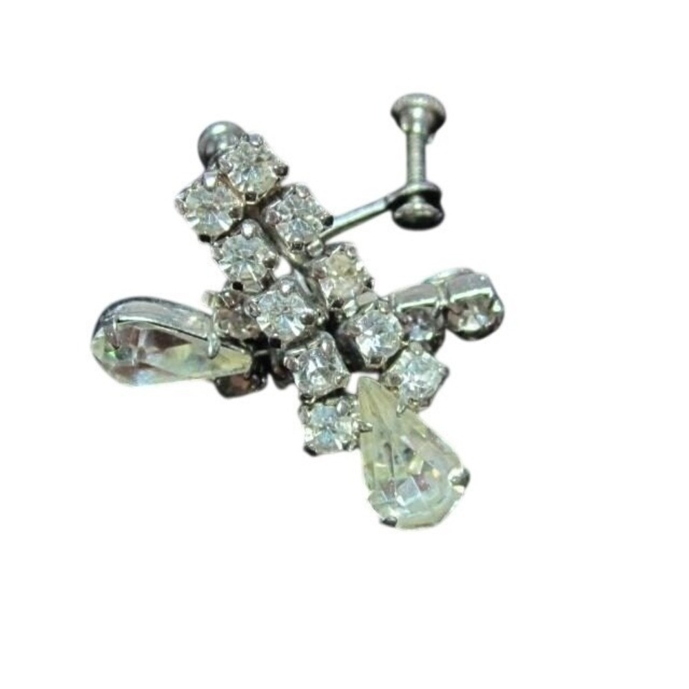 Vintage Screw-back Earrings Silver Tn Smoky Rhinestone Crystals Teardrop Detail